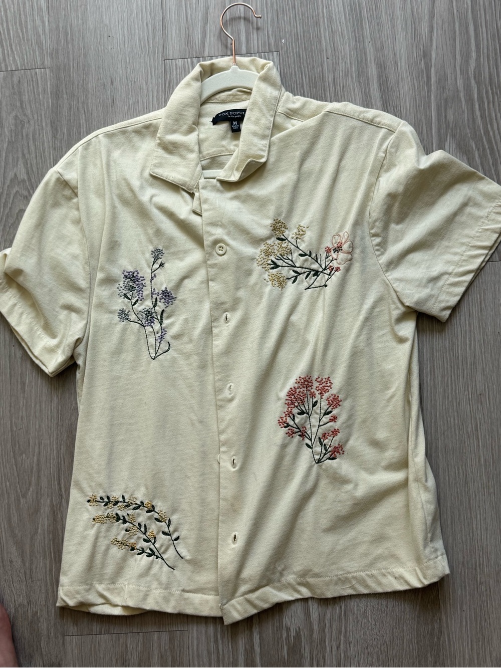 Floral Embroidered Short Sleeve Button-Down Shirt - Cream